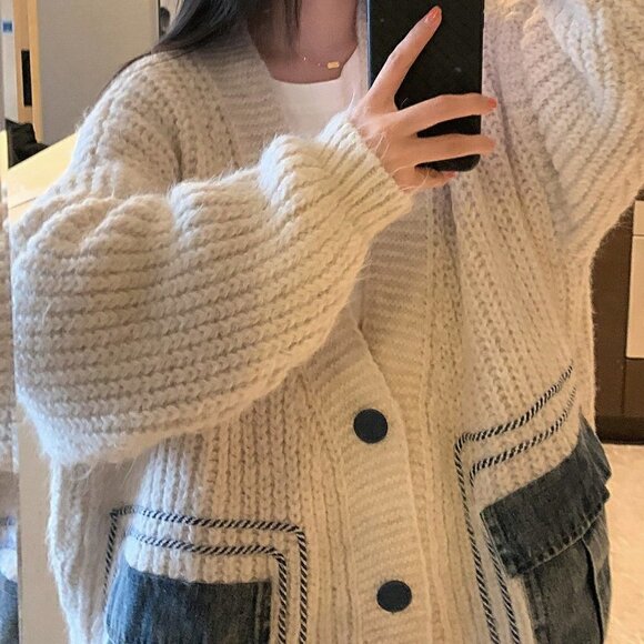 Beige Casual Womens Pocket Decor Drop Shoulder Oversized Cardigan - Picture 3 of 3